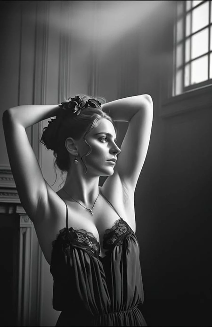 award winning (closeup photo:1.2) of a beautiful woman in victorian house, erotic pose, flowers in hair, large breasts, cleavage, moody and melancholic atmosphere with black background by lee jeffries nikon d850 film stock photograph 4 kodak portra 400 camera f1.6 lens rich colors hyper realistic lifelike texture dramatic lighting unreal engine trending on artstation cinestill 800