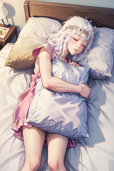 <lora:0009Htoki:1>,toki,white hair,<lora:SleePeace2:0.7>,sleepeace,bedroom,futon,pillow,pillow_hug,stuffed_bunny,bed_sheet,