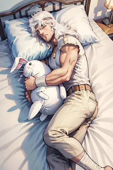 <lora:0009Htoki:1>,toki,white hair,<lora:SleePeace2:0.5>,sleepeace,bedroom,futon,pillow,pillow_hug,stuffed_bunny,bed_sheet,1boy,