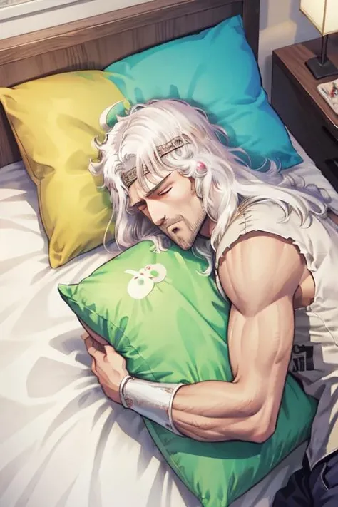 <lora:0009Htoki:1>,toki,white hair,<lora:SleePeace2:0.5>,sleepeace,bedroom,futon,pillow,pillow_hug,stuffed_bunny,bed_sheet,1boy,