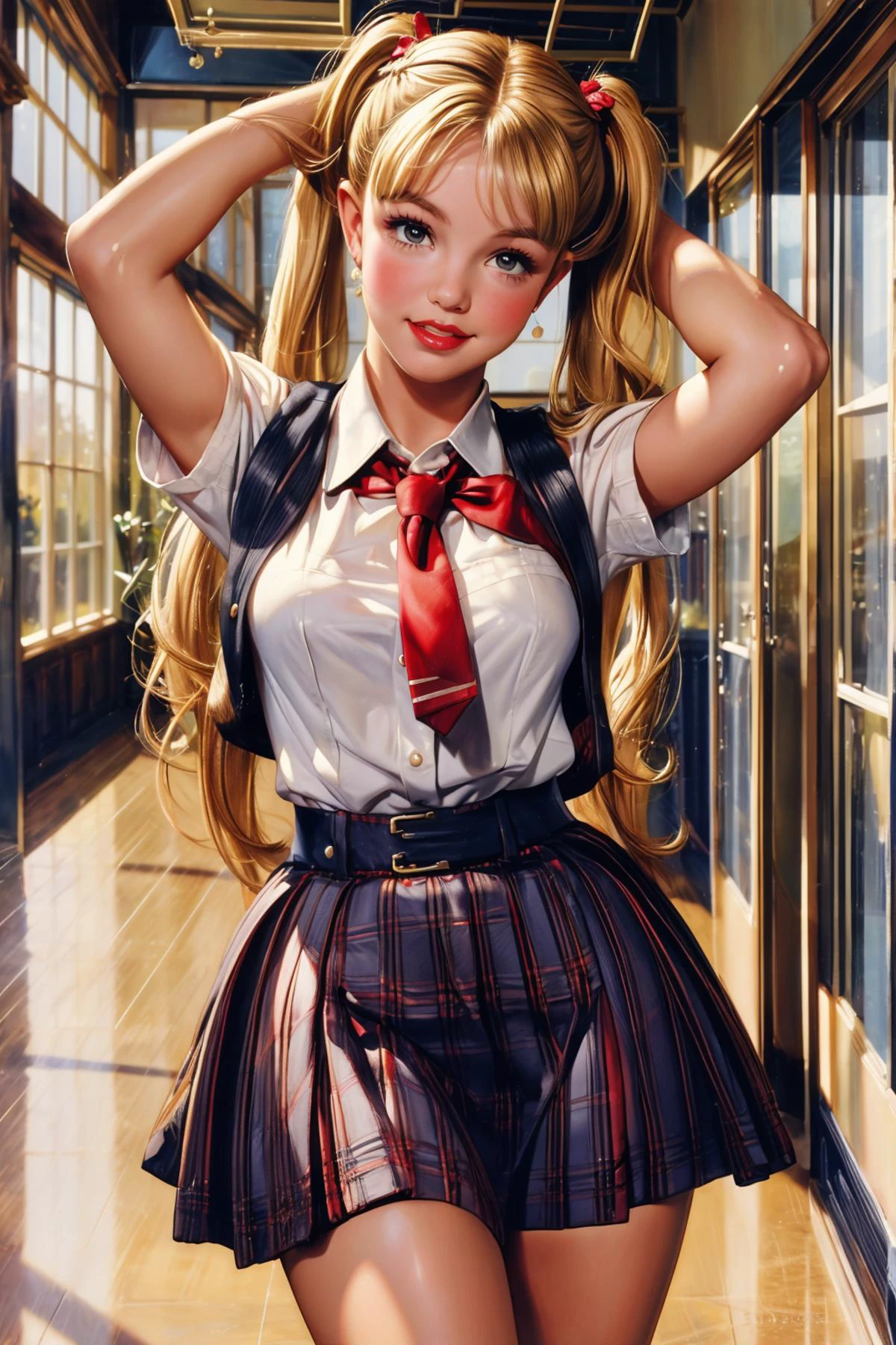 Style Of Gil Elvgren, UHD, HDR, masterpiece, global illumination, [Britney Spears] as a stunningly beautiful student, solo, schoolgirl uniform, brown eyes, blonde hair, twintails, makeup, school hallway, 90s scenery, indoor school background, adorable, cute, hands behind head posing, britneyspears-smf,
<lora:add_detail:0.7>
<lora:EnhancedDetail:0.7>
<lora:tbh149-:0.8>
 <lora:britneyspears_smf_lora_02:0.7>