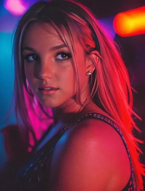 (close-up, editorial photograph of britneyspears-smf), a girl standing , dark night, film grain, depth of field, analog film style, vivid color, 1girl, upper body,
(looking at the viewer:1.3),
Vibrant Color Palette, bold and saturated, emotional impact,vivid, with strong contrasts, vivid, with strong contrasts, from bellow, creative and stylized lighting, movie screenshot, neon, colored gels, dramatic shadows, dreamlike , cinematography, lens flare,
mist, gritty, movie still, state fair, fog, (night, dark, dark photo, grainy, dimly lit:1.3), best quality, high quality, (realistic), (absurdres:1.2), UHD, ultrarealistic, noise<lora:JPfilmColor_Heavy_grain:0.7>
<lora:FilmG2:0.5>
<lora:britneyspears_smf_lora_02-000002:0.55>