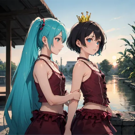 <lora:RomeoAndCinderella:0.8>,
ADDBASE,2girls,nature,sunset,RAC,
1girl,twintails,longhair,blue hair,
ADDCOL,2girls,nature,sunset,RAC,
1girl,black hair,short hair,crown,