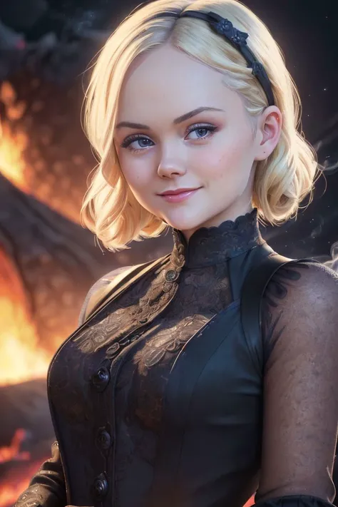 a photo of an attractive S054_IsabellaStar, a woman at a (volcano:1.1), (lava:1.3), (dark-smoke:1.2), wearing a (dress and jacket), (smiling:1.1), (8k, RAW photo, best quality, ultra high res, depth of field:1.2), (absurdres, intricate, photorealistic, masterpiece, ultra-detailed, Unreal Engine:1.4)