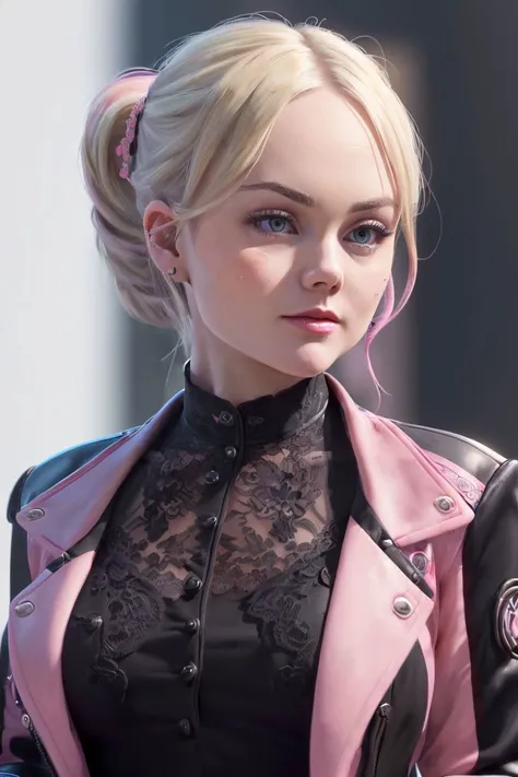 a photo of a sexy S054_IsabellaStar, a woman looking like a (rockstar:1.1), (black:1.3), (pink:1.2), wearing a (dress and jacket), (high-ponytail haircut), (8k, RAW photo, best quality, ultra high res, depth of field:1.2), (absurdres, intricate, photorealistic, masterpiece, ultra-detailed, Unreal Engine:1.4)