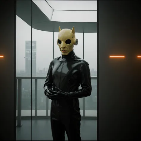cinematic photography, of a person wearing a futuristic latex mask,designed by Dieter Rams, weird, international style, masterpiece, film grain, 70mm film, science, fiction