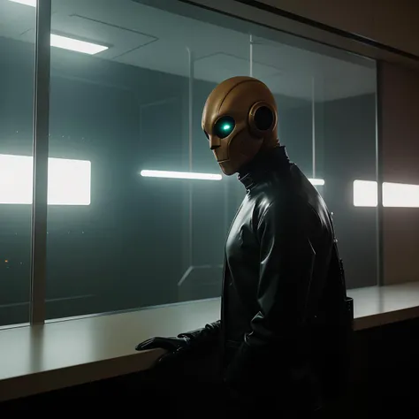 cinematic photography, of a person wearing a futuristic latex mask,designed by Dieter Rams, weird, international style, masterpiece, film grain, 70mm film, science, fiction