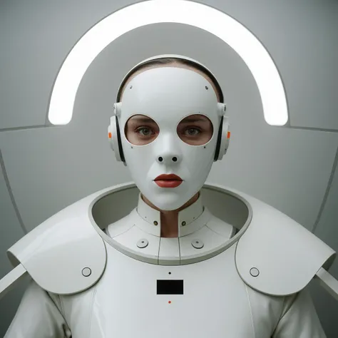 cinematic photography, of a person wearing a futuristic latex mask,designed by Dieter Rams, weird, international style, masterpiece, film grain, 70mm film, science, fiction