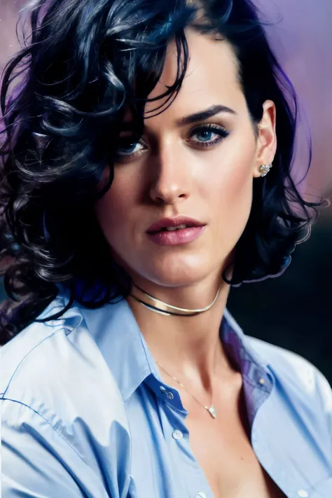 portrait photo of kty ,(blue and purple shirt), (black hair), alluring portrait, intricate, highly detailed, digital painting, artstation, concept art, naughty, sharp focus, cinematic lighting, illustration, art by artgerm and greg rutkowski, alphonse mucha, cgsociety, <lyco:KateP-RealVision-V1.1:1.0>