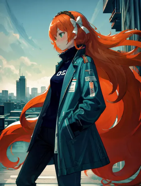 (best quality):2 (masterpiece):2, A psychedelic world spreads out below, ishmael_limbus, <lora:ishmaellimbus:1>, 1girl, solo, long hair, wearing black turtleneck sweater and coat trench, <lora:add_detail:-0.3>, illustration, from side, city, hands in pockets