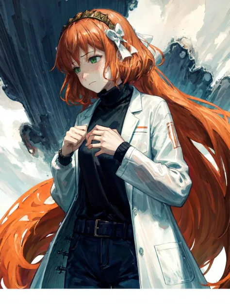 (best quality):2 (masterpiece):2, A psychedelic world spreads out below, ishmael_limbus, <lora:ishmaellimbus:1>, 1girl, solo, long hair, wearing black turtleneck sweater and lab coat, <lora:add_detail:0.2>, illustration, from side, hands reaching up, dim light, lab room background, <lora:try2:0.3>, <lora:Pixel Sorting v1:0.3>, <lora:LiquidClothesV1:0.4>, dripping, frown