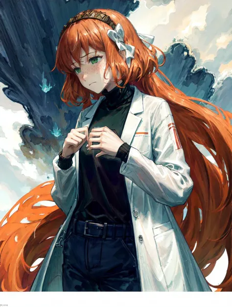 (best quality):2 (masterpiece):2, A psychedelic world spreads out below, ishmael_limbus, <lora:ishmaellimbus:1>, 1girl, solo, long hair, wearing black turtleneck sweater and lab coat, <lora:add_detail:0.2>, illustration, from side, hands reaching up, dim light, lab room background, <lora:try2:0.3>, <lora:Pixel Sorting v1:0.3>, <lora:LiquidClothesV1:0.4>, dripping, frown