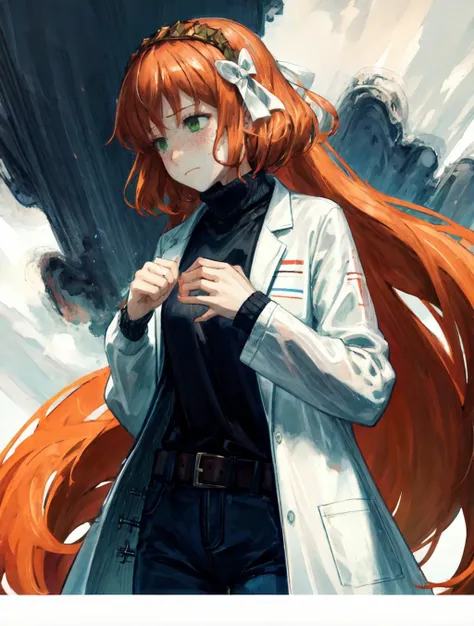(best quality):2 (masterpiece):2, A psychedelic world spreads out below, ishmael_limbus, <lora:ishmaellimbus:1>, 1girl, solo, long hair, wearing black turtleneck sweater and lab coat, <lora:add_detail:0.2>, illustration, from side, hands reaching up, dim light, lab room background, <lora:try2:0.3>, <lora:Pixel Sorting v1:0.3>, <lora:LiquidClothesV1:0.4>, dripping, frown
