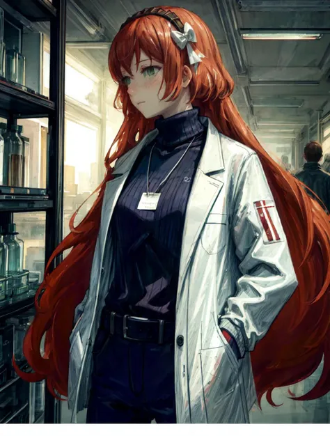 (best quality):2 (masterpiece):2, A psychedelic world spreads out below, ishmael_limbus, <lora:ishmaellimbus:1>, 1girl, solo, long hair, wearing black turtleneck sweater and lab coat, <lora:add_detail:0.2>, illustration, from side, hands in pockets, dim light, lab room background, <lora:try2:0.3>, <lora:Pixel Sorting v1:0.3>
