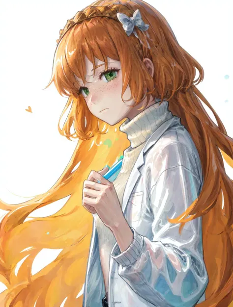 (best quality):2 (masterpiece):2, A psychedelic world spreads out below, ishmael_limbus, <lora:ishmaellimbus:1>, 1girl, solo, long hair, wearing black turtleneck sweater and lab coat, <lora:add_detail:0.2>, illustration, from side, hands reaching up, dim light, lab room background, <lora:try2:0.3>, <lora:Pixel Sorting v1:0.3>, <lora:LiquidClothesV1:0.4>, dripping, frown