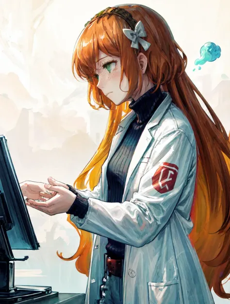 (best quality):2 (masterpiece):2, A psychedelic world spreads out below, ishmael_limbus, <lora:ishmaellimbus:1>, 1girl, solo, long hair, wearing black turtleneck sweater and lab coat, <lora:add_detail:0.2>, illustration, from side, hands reaching up, dim light, lab room background, <lora:try2:0.3>, <lora:Pixel Sorting v1:0.3>, <lora:LiquidClothesV1:0.4>, dripping, frown