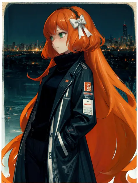 (best quality):2 (masterpiece):2, A psychedelic world spreads out below, ishmael_limbus, <lora:ishmaellimbus:1>, 1girl, solo, long hair, wearing black turtleneck sweater and coat trench, <lora:add_detail:-0.3>, illustration, from side, city, hands in pockets, numbered 08