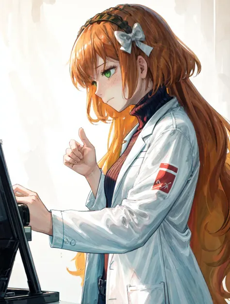 (best quality):2 (masterpiece):2, A psychedelic world spreads out below, ishmael_limbus, <lora:ishmaellimbus:1>, 1girl, solo, long hair, wearing black turtleneck sweater and lab coat, <lora:add_detail:0.2>, illustration, from side, hands reaching up, dim light, lab room background, <lora:try2:0.3>, <lora:Pixel Sorting v1:0.3>, <lora:LiquidClothesV1:0.4>, dripping, frown