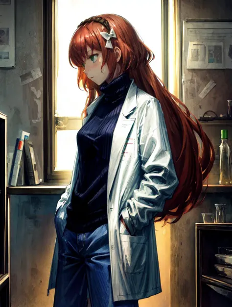 (best quality):2 (masterpiece):2, A psychedelic world spreads out below, ishmael_limbus,  <lora:ishmaellimbus:1>, 1girl, solo, long hair, wearing black turtleneck sweater and lab coat, <lora:add_detail:0.3>, illustration, from side, hands in pockets, dim light, lab room background,  <lora:try2:0.3>, <lora:Pixel Sorting v1:0.3>