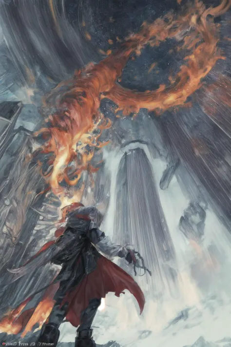 directory below,
In the distance, a gigant dragon can be seen flying through the sky, breathing fire and completely burning down the city below.
magician city below tower Square street water fountain Castle citadel,
The city was engulfed in flames,
Star trail floating debris dust stones lightning discharge lightning effects,