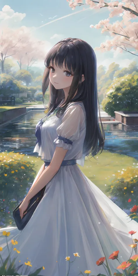In the backdrop of June, a picturesque landscape unfolds, adorned with vibrant blooming flowers. The gentle rays of the sun cast a warm glow, highlighting the girl's radiance as she basks in the midst of a blossoming garden