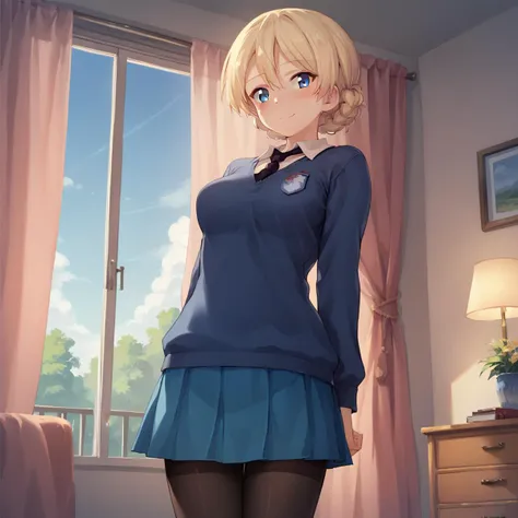 <lora:Darjeeling - Girls Und Panzer-000002:1>, DarjeelingGuP, 1girl, blonde hair, solo, blue eyes, breasts, braid, looking at viewer, standing, short hair, blush, smile, indoors, bedroom, evening, "school uniform, blue sweater, black necktie, white shirt, dress shirt, long sleeves, blue skirt, black pantyhose", arms at sides, score_9, score_8_up, score_7_up,