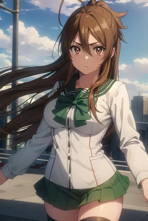 reimiyamoto, <lora:rei miyamoto s1-lora-nochekaiser:1>,
rei miyamoto, long hair, brown hair, (brown eyes:1.5), antenna hair, ponytail,
BREAK skirt, thighhighs, school uniform, serafuku, zettai ryouiki, green skirt, bowtie, long sleeves, black thighhighs, black bowtie,
BREAK outdoors, city, zombies, sun, sky, clouds, cars,
BREAK looking at viewer, (cowboy shot:1.5),
BREAK <lyco:GoodHands-beta2:1>, (masterpiece:1.2), best quality, high resolution, unity 8k wallpaper, (illustration:0.8), (beautiful detailed eyes:1.6), extremely detailed face, perfect lighting, extremely detailed CG, (perfect hands, perfect anatomy),