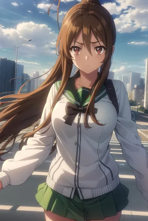 reimiyamoto, <lora:rei miyamoto s1-lora-nochekaiser:1>,
rei miyamoto, long hair, brown hair, (brown eyes:1.5), antenna hair, ponytail,
BREAK skirt, thighhighs, school uniform, serafuku, zettai ryouiki, green skirt, bowtie, long sleeves, black thighhighs, black bowtie,
BREAK outdoors, city, zombies, sun, sky, clouds, cars,
BREAK looking at viewer, (cowboy shot:1.5),
BREAK <lyco:GoodHands-beta2:1>, (masterpiece:1.2), best quality, high resolution, unity 8k wallpaper, (illustration:0.8), (beautiful detailed eyes:1.6), extremely detailed face, perfect lighting, extremely detailed CG, (perfect hands, perfect anatomy),