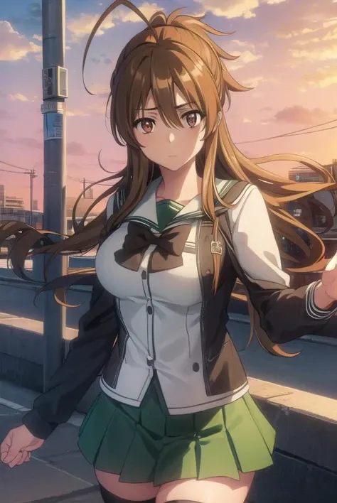 reimiyamoto, <lora:rei miyamoto s1-lora-nochekaiser:1>,
rei miyamoto, long hair, brown hair, (brown eyes:1.5), antenna hair, ponytail,
BREAK skirt, thighhighs, school uniform, serafuku, zettai ryouiki, green skirt, bowtie, long sleeves, black thighhighs, black bowtie,
BREAK outdoors, city, zombies, sun, sky, clouds, cars,
BREAK looking at viewer, (cowboy shot:1.5),
BREAK <lyco:GoodHands-beta2:1>, (masterpiece:1.2), best quality, high resolution, unity 8k wallpaper, (illustration:0.8), (beautiful detailed eyes:1.6), extremely detailed face, perfect lighting, extremely detailed CG, (perfect hands, perfect anatomy),