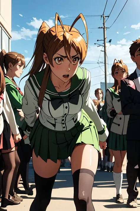 (masterpiece, best quality), 1girl, 22 years old,   <lora:reimiyamototest:1> rei miyamoto, long hair, brown hair, (brown eyes:1.5), antenna hair, ponytail,,skirt, thighhighs, school uniform, serafuku, zettai ryouiki, green skirt, bowtie, long sleeves, black thighhighs, black bowtie,,
