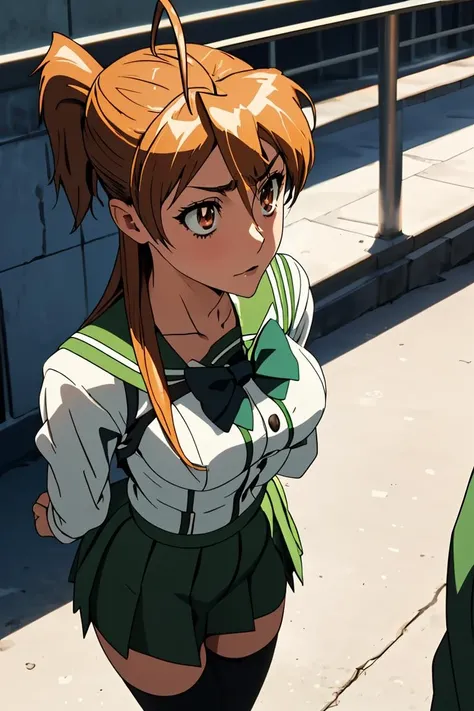 (masterpiece, best quality), 1girl, 22 years old, <lora:reimiyamototest:1> rei miyamoto, long hair, brown hair, (brown eyes:1.5), antenna hair, ponytail,,skirt, thighhighs, school uniform, serafuku, zettai ryouiki, green skirt, bowtie, long sleeves, black thighhighs, black bowtie,,