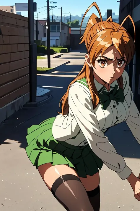 (masterpiece, best quality), 1girl, 22 years old, <lora:reimiyamototest:1> rei miyamoto, long hair, brown hair, (brown eyes:1.5), antenna hair, ponytail,,skirt, thighhighs, school uniform, serafuku, zettai ryouiki, green skirt, bowtie, long sleeves, black thighhighs, black bowtie,,