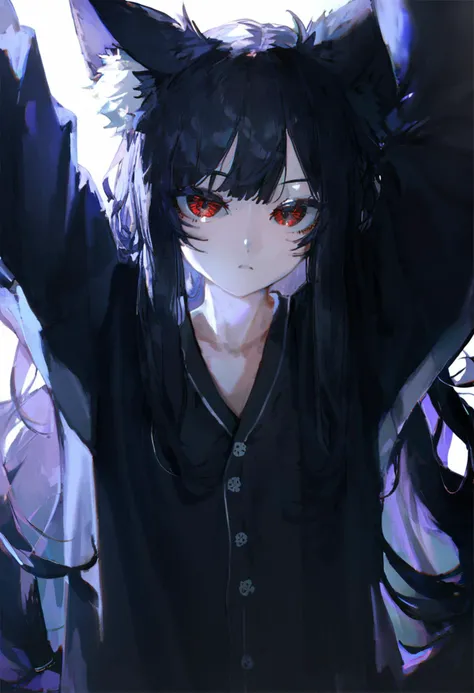 score_9, score_8_up, score_7_up, source_anime, 1girl, solo, (flat chest:0.7), (skinny:0.5), (pale skin:0.5), BREAK looking at viewer, long hair, animal ears, face focus, detailed eyes, kitsune, pajamas, black theme, dynamic pose, <lora:quasarcake2:1>