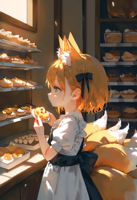 score_9, score_8_up, 1girl, cute, solo, symmetry, straight on, upper body, fox ears, fox tail, kyuubi, multiple tails, small breasts, animal ear fluff, (ear tufts:1.2), maid, pastry, shop, standing, old shop, old interior, cozy, comfy, soft lighting, warm lighting