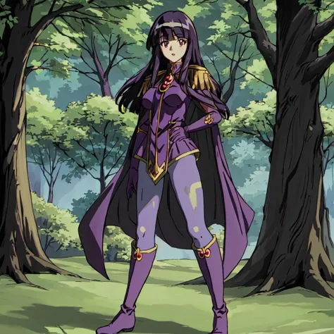 <lora:Sylphiel_Nels_Lahda-10:1>outdoor,forest,Masterpeace,high quality,Sylphiel_Nels_Lahda, 1girl, solo, long hair, black hair, holding, standing, full body, pantyhose, cape, knee boots, purple gloves, purple footwear,hands on hips,epaulettes,blunt bangs