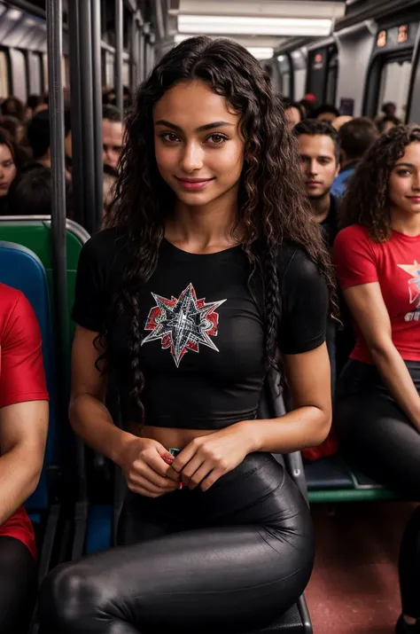 (AMATEUR SHOT:1.4) (Caucasian:1.4) Girls-Next_Door_Rochelle (Brunette Long Curly Hair:1.3) ((Photo Focus, DOF, Aperture, insanely detailed and intricate, character, hypermaximalist, beautiful, exotic, revealing, appealing, attractive, amative, hyper realistic, super detailed, (lens flare:1.1)))  <lora:more_details:0.5> <lora:exposure_control_v10:-0.1>  (on the crowded train1.5)(black leggings and red t-shirt shirt:1.5) (smile:1.3)(long legs:1.4) (standing, surrounded by passengers:1.4)(from the side:1.2)