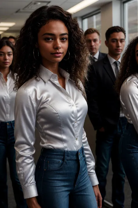 (AMATEUR SHOT:1.4) (Caucasian:1.4) Girls-Next_Door_Rochelle (Brunette Long Curly Hair:1.3) ((Photo Focus, DOF, Aperture, insanely detailed and intricate, character, hypermaximalist, beautiful, exotic, revealing, appealing, attractive, amative, hyper realistic, super detailed, (lens flare:1.1))) <lora:more_details:0.5> <lora:exposure_control_v10:-0.4> (at the office:1.5)(jeans and white formal satin shirt:1.5) <lora:people_count_slider_v1:3>co-workers