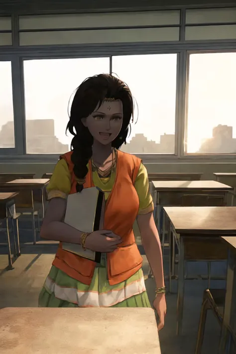 amita, female teacher standing in classroom, :D, face focus
brown hair with braid, orange vest, holding books
bright classroom, light through windows
<lora:R2W_FC4_0807_f5-64:0.9>