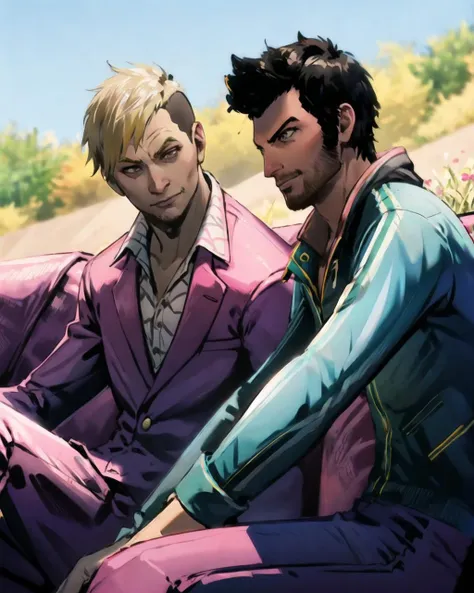 pagan min and ajay ghale, man and boy sitting on couch, smile, upper body
brown eye, blond hair, pink pattern lapel shirt
black hair , brown eye, blue jacket
in the grassland where the spring breeze blows and flowers bloom
blurry background, lens blurring, clear blue sky
<lora:R2W_FC4_0807_f5-64:1>