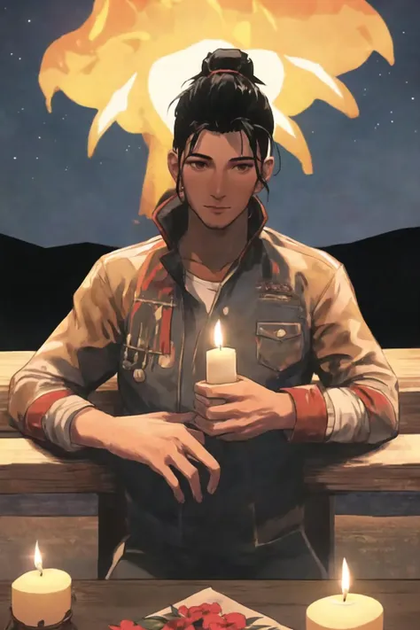 sabal, male sitting under tree, upper body, calm face
black hair, pony tail, rebel costume
surrounding by candles and flowers, fire pot
in the shining candlelight, starry night
<lora:R2W_FC4_0807_f5-64:0.8>