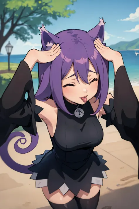 (masterpiece, best quality:1.2), from above, solo, 1girl, seblair, ahetobleh, hands on own head, closed eyes, tongue, cat ears, black dress, detached sleeves, black thighhighs, outdoors, scenery <lora:souleater_blair:0.9> <lora:ahetobleh-nvwls-v2:0.8>