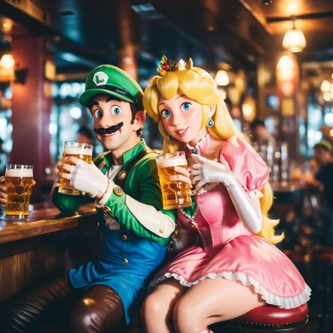 cinematic photo Luigi and princess peach having a beer in a pub, fantasy world, 85mm photograph, film, bokeh, professional, 4k, highly detailed <lora:add-detail-xl:1.5> <lora:Mario1024:0.4> looks at cleavage, huge breasts, wide hips <lora:gigabody_xl:0.2> gigabody xl, alluring, magical,
