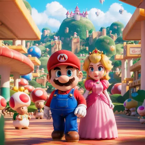 cinematic photo mario and princess peach, cute fantaisy world <lora:Mario1024-000200:0.8> . 35mm photograph, film, bokeh, professional, 4k, highly detailed