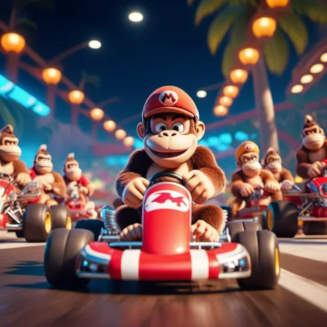 cinematic photo Donkey Kong driving a karting, fantasy world  . 35mm photograph, film, bokeh, professional, 4k, highly detailed  <lora:Mario1024-000200:0.6> <lora:add-detail-xl:1.5>
