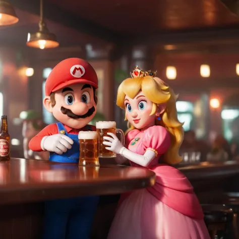 cinematic photo mario and princess peach having a beer in a pub <lora:Mario1024-000200:0.8> . 35mm photograph, film, bokeh, professional, 4k, highly detailed