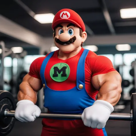 cinematic photo very muscular mario as a bodybuilder in a gym . 35mm photograph, film, bokeh, professional, 4k, highly detailed <lora:Mario1024-000200:0.5>