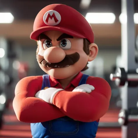 cinematic photo very muscular mario in a gym . 35mm photograph, film, bokeh, professional, 4k, highly detailed <lora:Mario1024-000200:0.8>