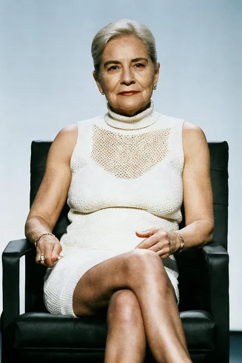 photorealistic photo of an woman, 90 years old, solo focus,full body,<lora:basic instinct:0.65>,white sweater,sleeveless,sitting, crossed legs, beautiful, (intricate details), unity 8k wallpaper, ultra detailed, aesthetic, perfect lighting, (wholesomegrannies:0.7)