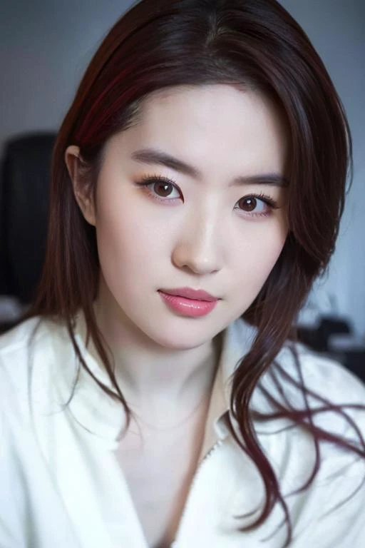 liuyifei,(RAW photo, best quality), (realistic, photo-realistic:1.3), masterpiece, an extremely delicate and beautiful, extremely detailed, CG, unity , 2k wallpaper, Amazing, finely detail, light smile, extremely detailed CG unity 8k wallpaper, huge filesize, ultra-detailed, highres, absurdres, soft light, (((medium hair:1.3), short bang, pink hair, floating hair novafrogstyle)), beautiful detailed girl, detailed fingers, extremely detailed eyes and face, beautiful detailed nose, beautiful detailed eyes, long eyelashes, light on face, looking at viewer, (closed mouth:1.2), 1girl, cute, young, mature face, (full body:1.3), ((small breasts)), realistic face, realistic body, beautiful detailed thigh, (ulzzang-6500-v1.1:0.8), <lora:koreanDollLikeness_v15:0.4>, business suit, cross-laced clothes, collared shirt, open clothes, in office, detailed office, open cardigan, black thighhighs, miniskirt, <lora:liuyifei:1>