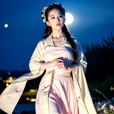 high resolution,(8k, best quality, masterpiece:1.2), (realistic, photo-realistic:1.2),full body, hanfu, topless, walking, undressing, face of liuyifei, detailed face, lipstick, long hair, hair ornament, medium breasts, looking at viewer, night, stars, moon, village, trees, flowers, path, wind, <lora:taiwanDollLikeness_v10:0.15>, <lora:liuyifei_10:0.8>, <lora:koreanDollLikeness_v10:0.08> , <lora:hanfu_v28:1>